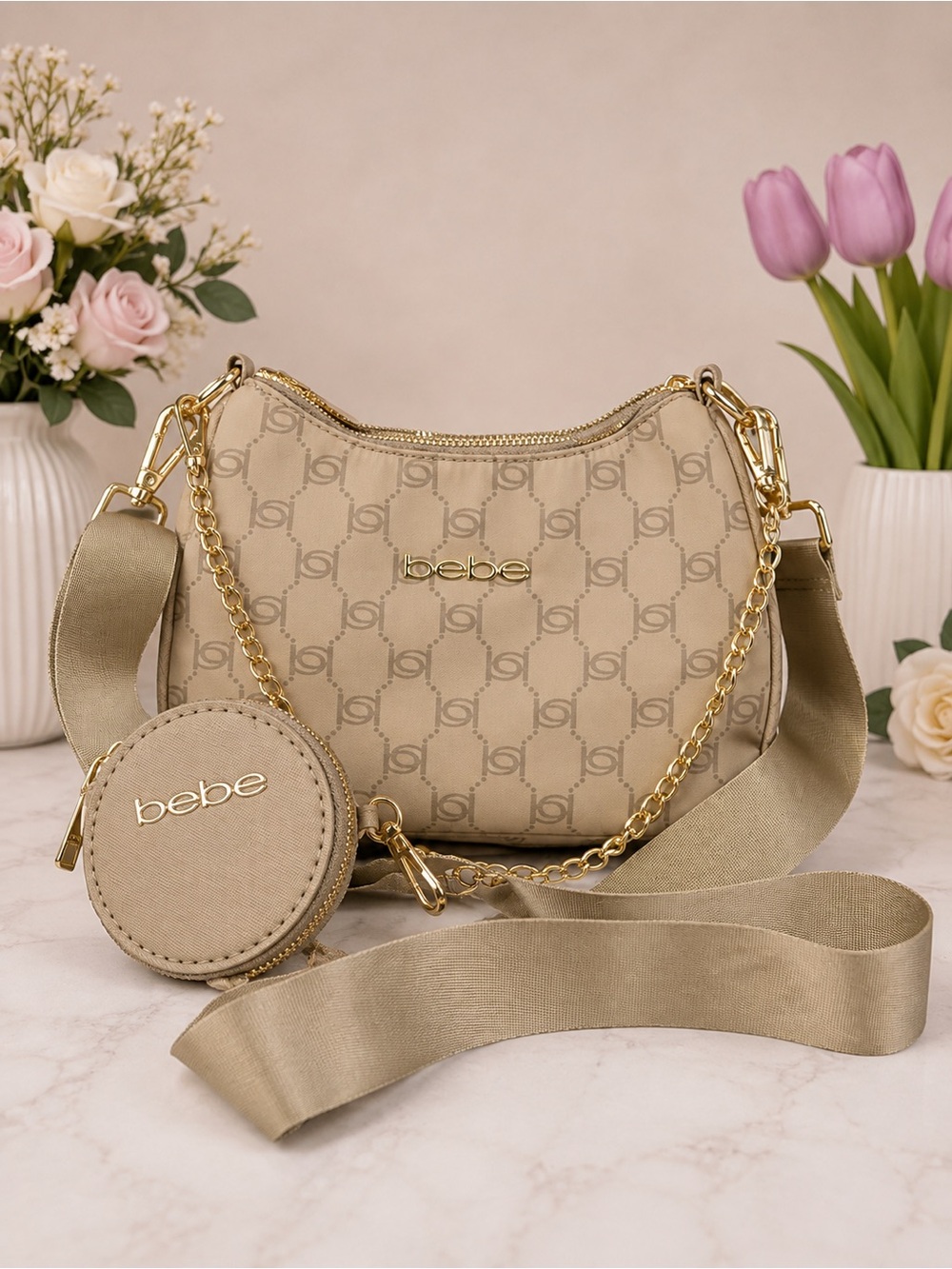 bebe Taupe Logo Crossbody with Gold Chain & Coin Pouch